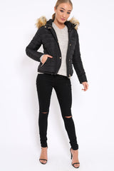 Black Padded Coat with Fur Trim Hood - Helena