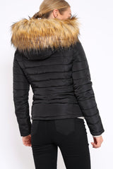Black Padded Coat with Fur Trim Hood - Helena