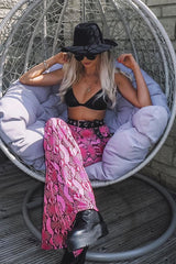Neon Pink Snake Print Flared Trousers - Mianna