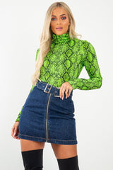 Lime Snake Print Roll Neck Top - Helina