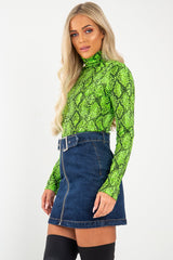 Lime Snake Print Roll Neck Top - Helina
