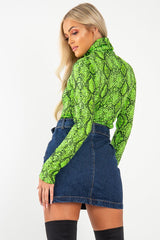 Lime Snake Print Roll Neck Top - Helina