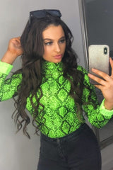 Lime Snake Print Roll Neck Top - Helina