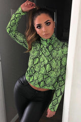 Lime Snake Print Roll Neck Top - Helina