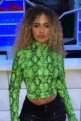 Lime Snake Print Roll Neck Top - Helina