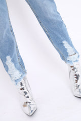 Light Wash Denim Exposed Zip Distressed Jeans - Aralyn