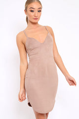 Camel Suedette Curved Hem Bodycon Dress - Henley