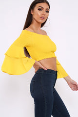 Yellow Ruffle Sleeve Shirred Bardot Cropped Top - Henryetta