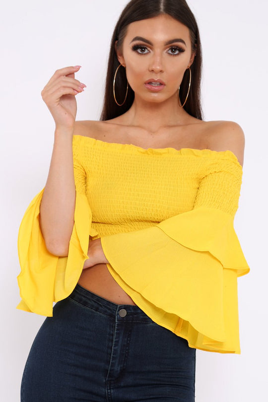 Yellow Ruffle Sleeve Shirred Bardot Cropped Top - Henryetta