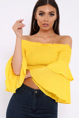 Yellow Ruffle Sleeve Shirred Bardot Cropped Top - Henryetta