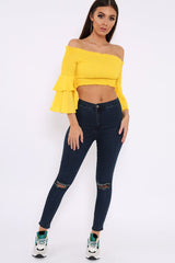 Yellow Ruffle Sleeve Shirred Bardot Cropped Top - Henryetta