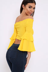 Yellow Ruffle Sleeve Shirred Bardot Cropped Top - Henryetta