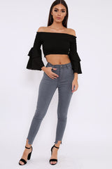 Black Ruffle Sleeve Shirred Bardot Cropped Top - Henryetta