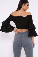 Black Ruffle Sleeve Shirred Bardot Cropped Top - Henryetta