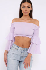 Lilac Ruffle Sleeve Shirred Bardot Cropped Top - Henryetta