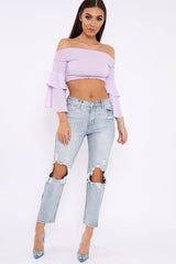 Lilac Ruffle Sleeve Shirred Bardot Cropped Top - Henryetta