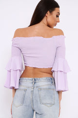 Lilac Ruffle Sleeve Shirred Bardot Cropped Top - Henryetta