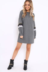 Grey Jumper Dress with Sleeve Trim Detail - Hermina