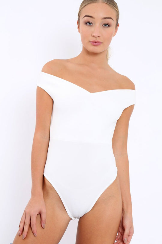 White Bardot Bodysuit with V dip front - Hettie