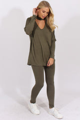 Khaki Batwing High Neck Cut Out Tracksuit - Hetty