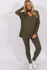 Khaki Batwing High Neck Cut Out Tracksuit - Hetty