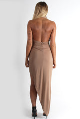 Hetty Camel Halter Neck Dip Hem Dress