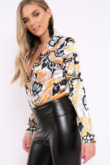 Orange Floral Print Plunge Satin Bodysuit - Hetty