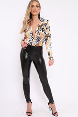 Orange Floral Print Plunge Satin Bodysuit - Hetty