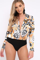 Orange Floral Print Plunge Satin Bodysuit - Hetty