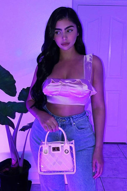 Pink Satin Frill Detail Cup Style Crop Top - Elani