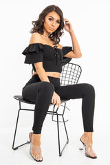 Black Cold Shoulder Lace Up Bardot Crop Top - Kenndra