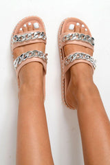 Pink Faux Suede Chain Sliders - Hinsley