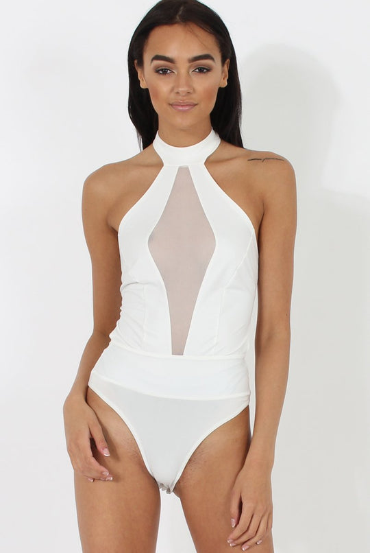 White Sheer Panel Tie Back Bodysuit- Hollie