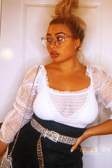 White Mesh Polka Shirred Crop Top - Soliana