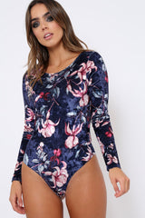 Navy Floral Velvet Bodysuit - Hollie