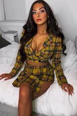 Yellow Tartan Crop Blazer Pleated Skirt Co-Ord - Holly