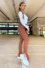 Brown Ribbed Side Split Leggings - Enzie
