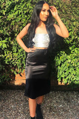 Black Satin High Waist Floaty Midi Skirt - Dasha