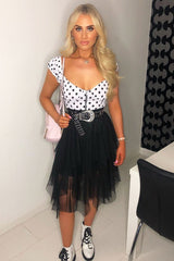 White Black Polka Dot Zip Front Milkmaid Crop Top - Rubie