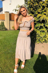 Taupe Ruffle Shoulder Tie Back Crop Top  - Melida