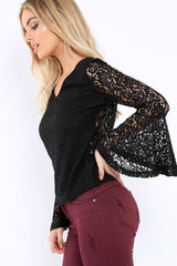 Black Lace V Neck Top - Honey