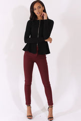 Black Zip Textured Peplum Jacket - Honor