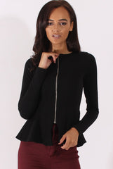 Black Zip Textured Peplum Jacket - Honor