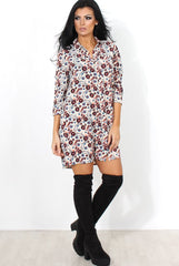 Husi Cream Floral Print Shirt Dress