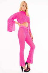 Neon Pink Fishnet Crop Jumper Wide Leg Trouser Co-ord - Haddie