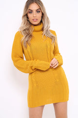 Mustard Roll Neck Chunky Knit Jumper Dress - Hydie