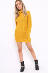 Mustard Roll Neck Chunky Knit Jumper Dress - Hydie