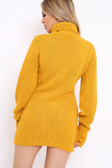 Mustard Roll Neck Chunky Knit Jumper Dress - Hydie