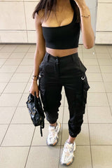 Black Satin Utility Pocket Cuffed Hem Trousers - Delilah