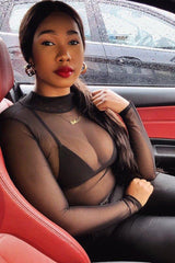 Black Mesh High Neck Long Sleeve Bodysuit - Kimora